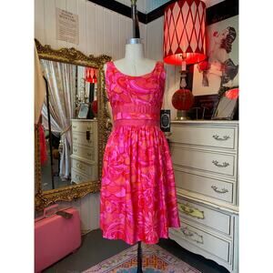 vintage 1960s bright pink psychedelic fit and flare dress peck and peck m